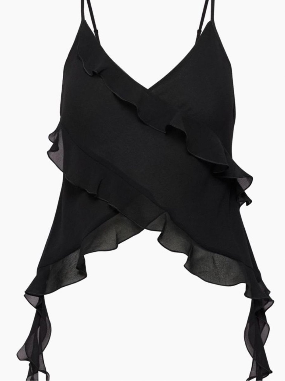 Aritzia Wilfred Black Ruffle Spaghetti-Strap Wrap Tank